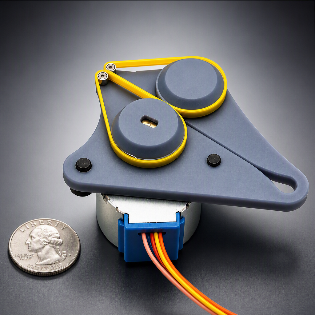 Micro wire feed system featuring a 3D-printed rubber belt driven by printed wheels on a stepper motor, shown next to a U.S. quarter for scale.